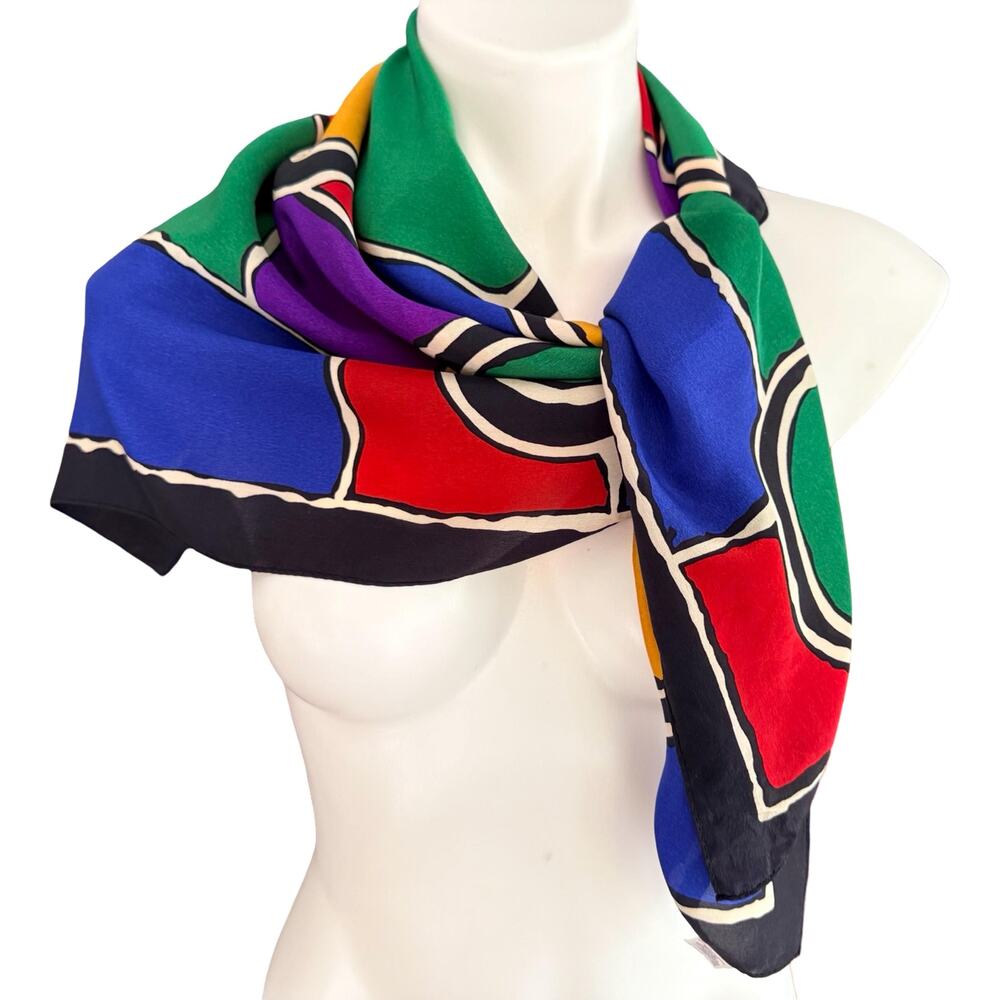 Vintage Echo Silk Chiffon Scarf Geometric Circles Primary Colors Bold 33x34 - Picture 3 of 11